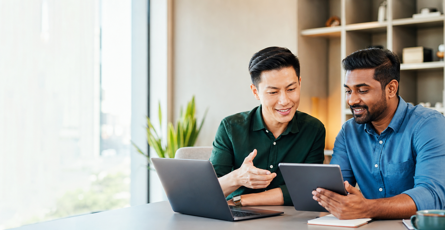 A Malaysian Chinese business person and a Malaysian Indian business person discussing digital services